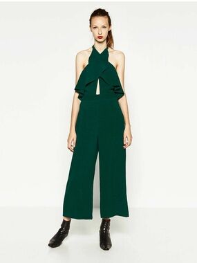 Zara Woman Emerald Green Halter Jumpsuit Wide Leg & Ruffle Detail Elegant Sz S